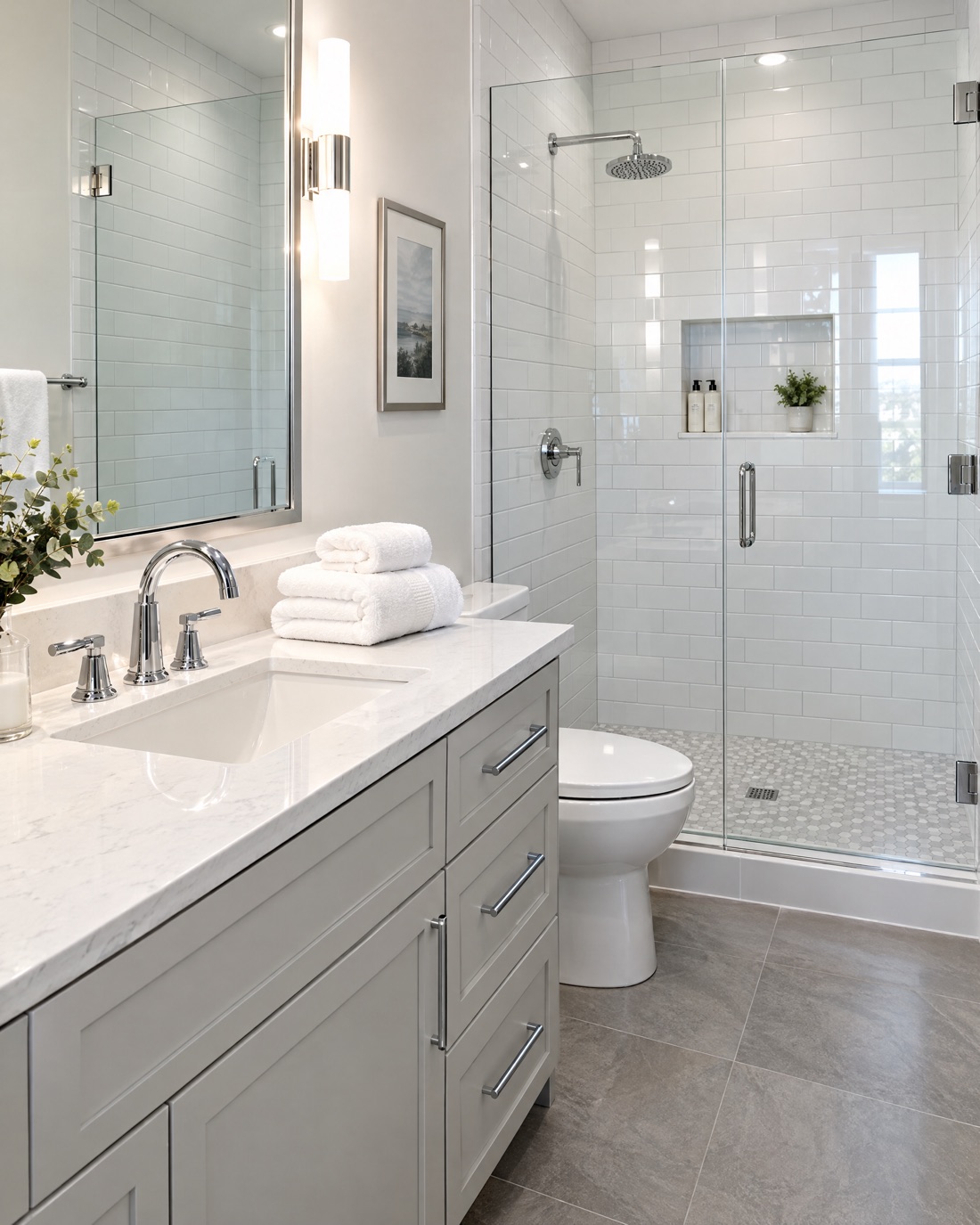 A sparkling white bathroom with a glass shower and folded towels
