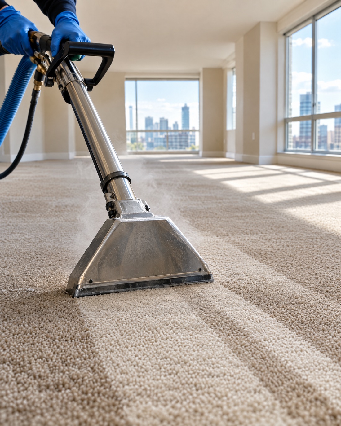 A carpet cleaning wand leaving clean stripes across a sunlit room