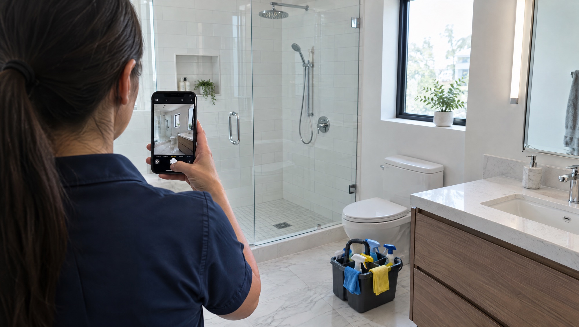 A cleaner in a navy work shirt photographs a spotless bathroom on a phone