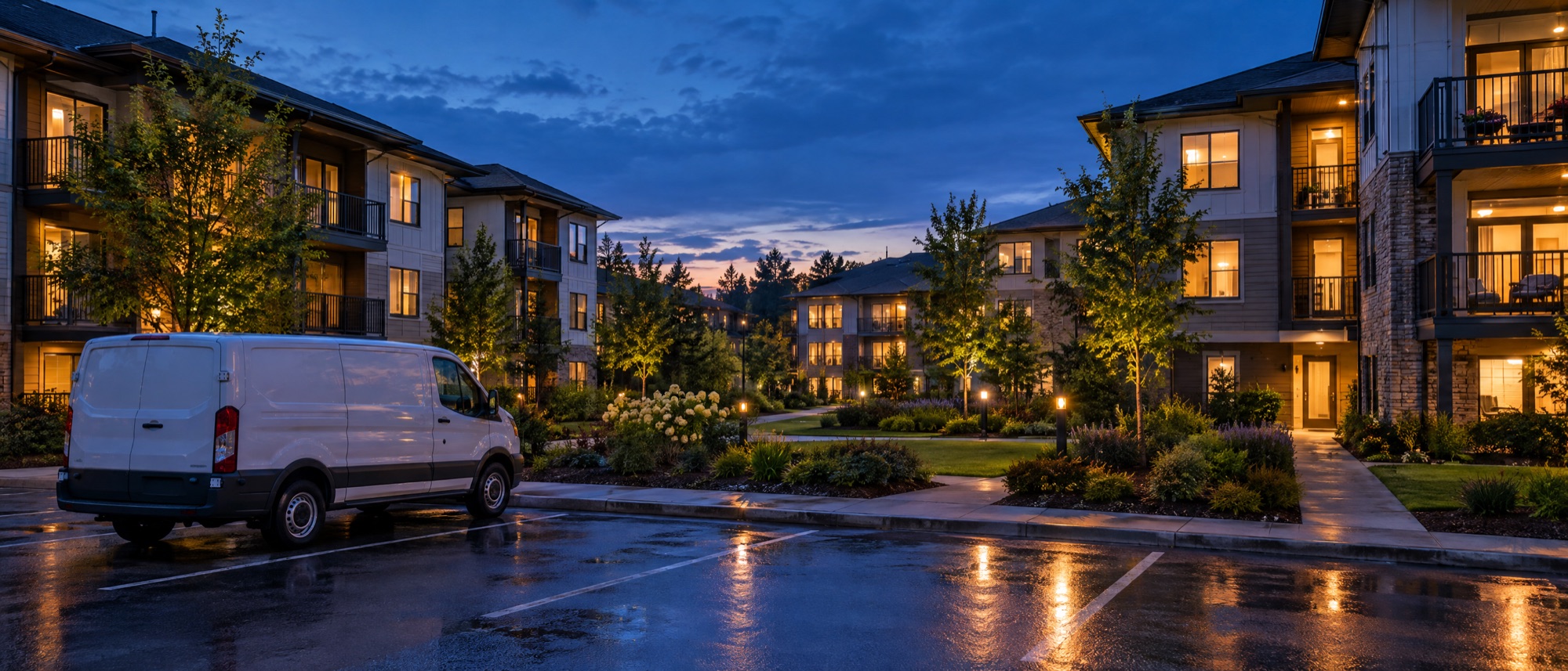 An apartment community at dusk, a white work van parked in the lot
