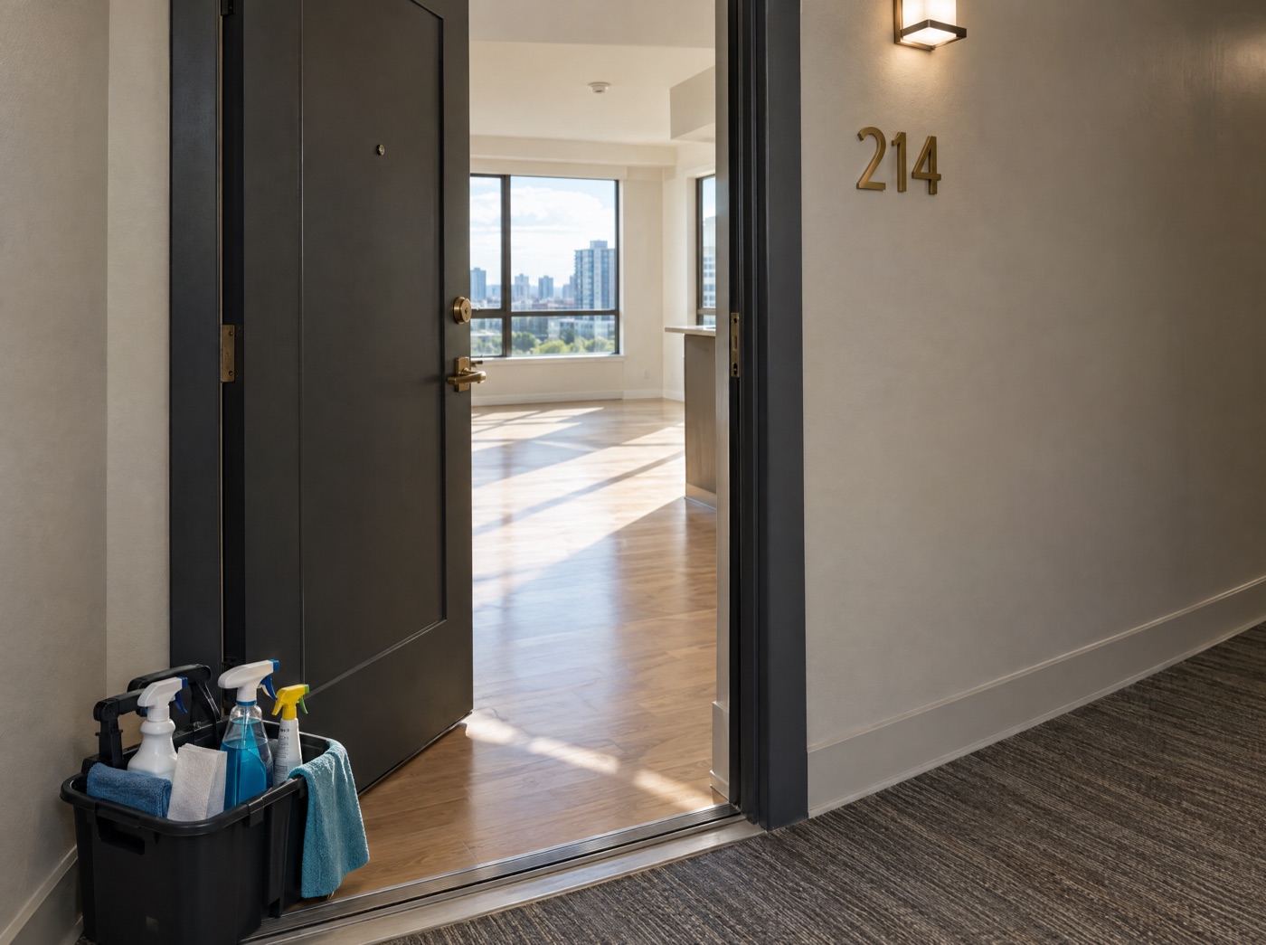 The open door of apartment 214, a cleaning caddy waiting in the hallway