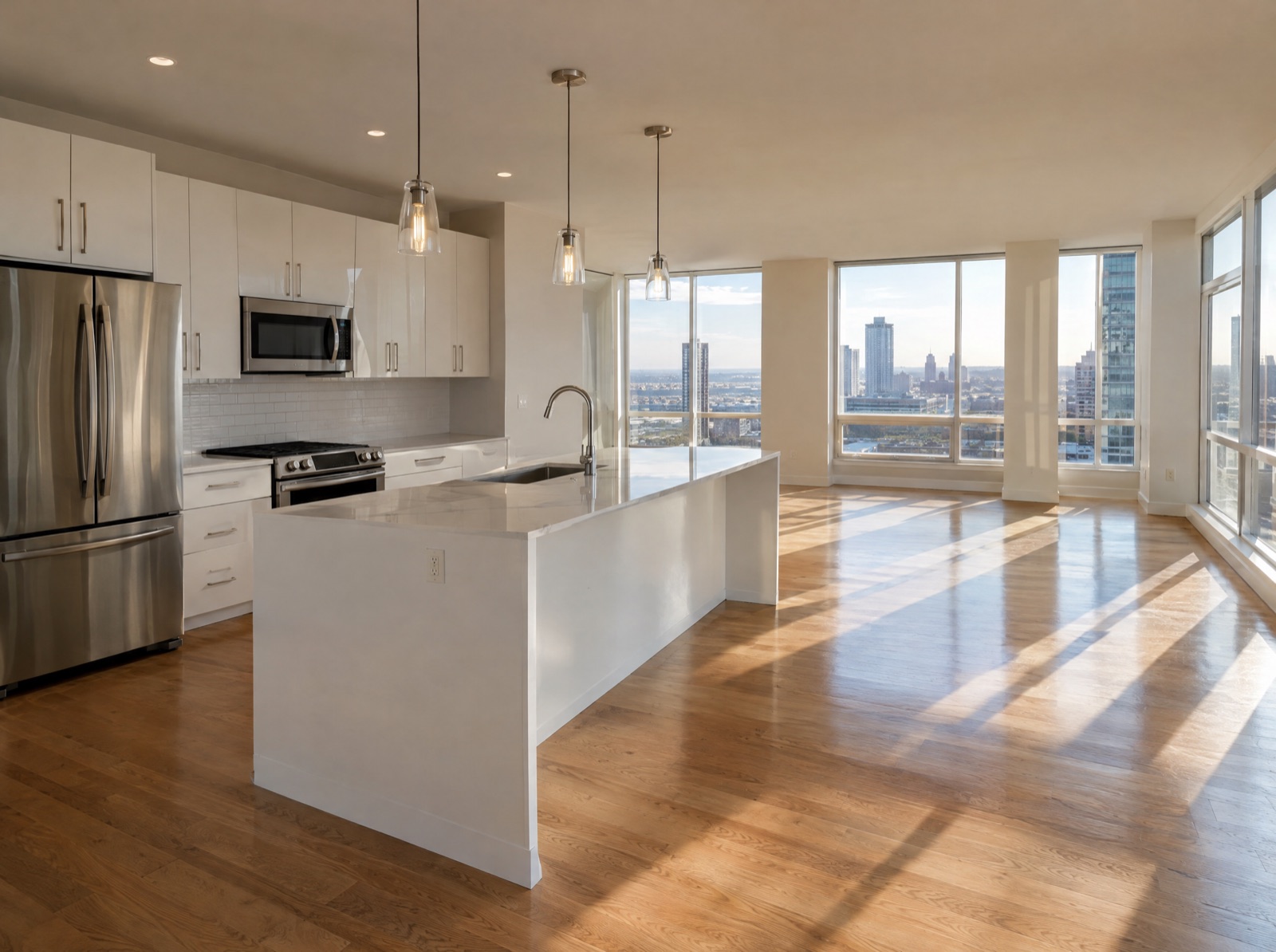An empty apartment kitchen and living room after a move-out clean