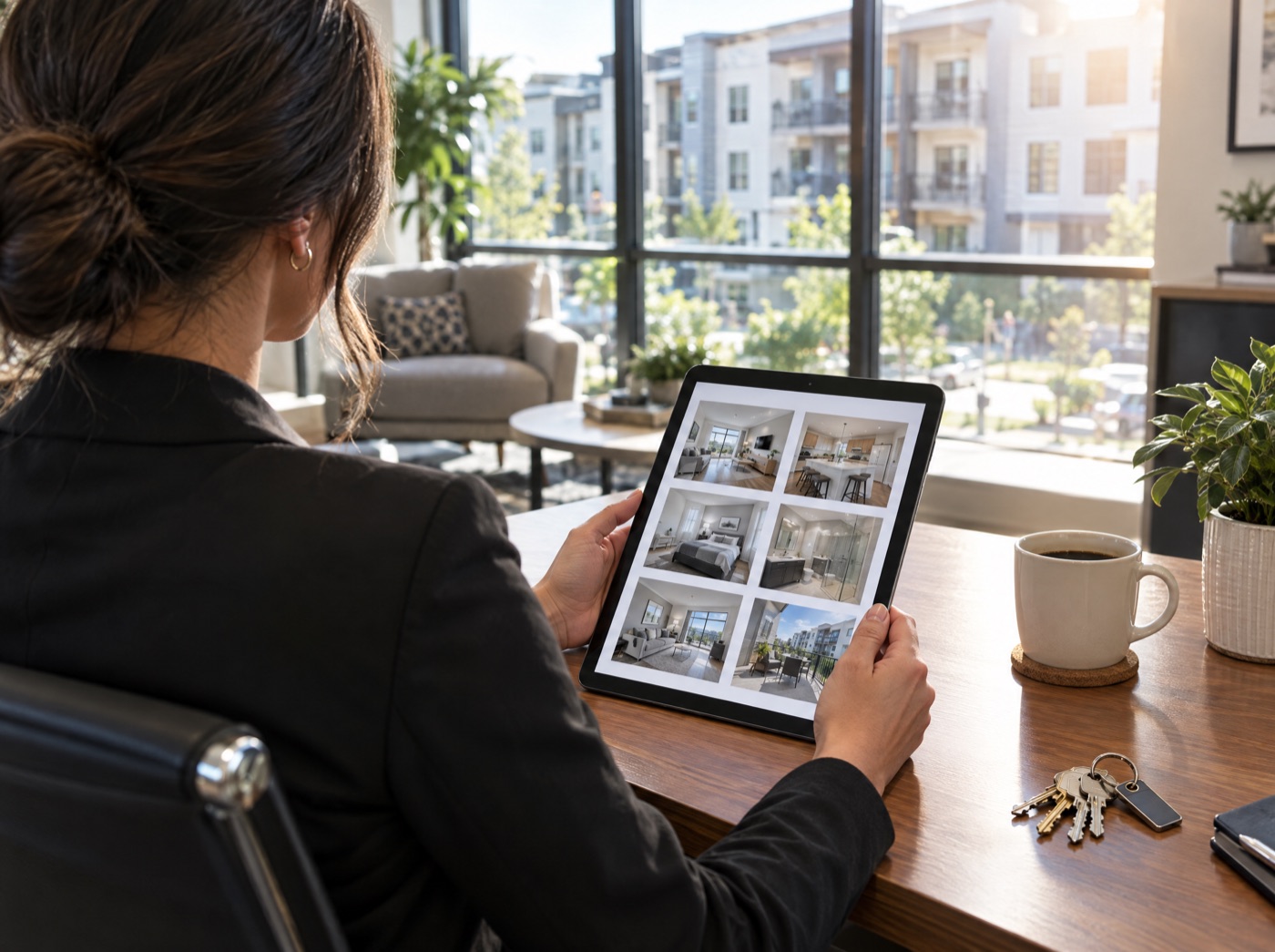 A property manager at a leasing office desk reviewing a report of apartment photos on a tablet