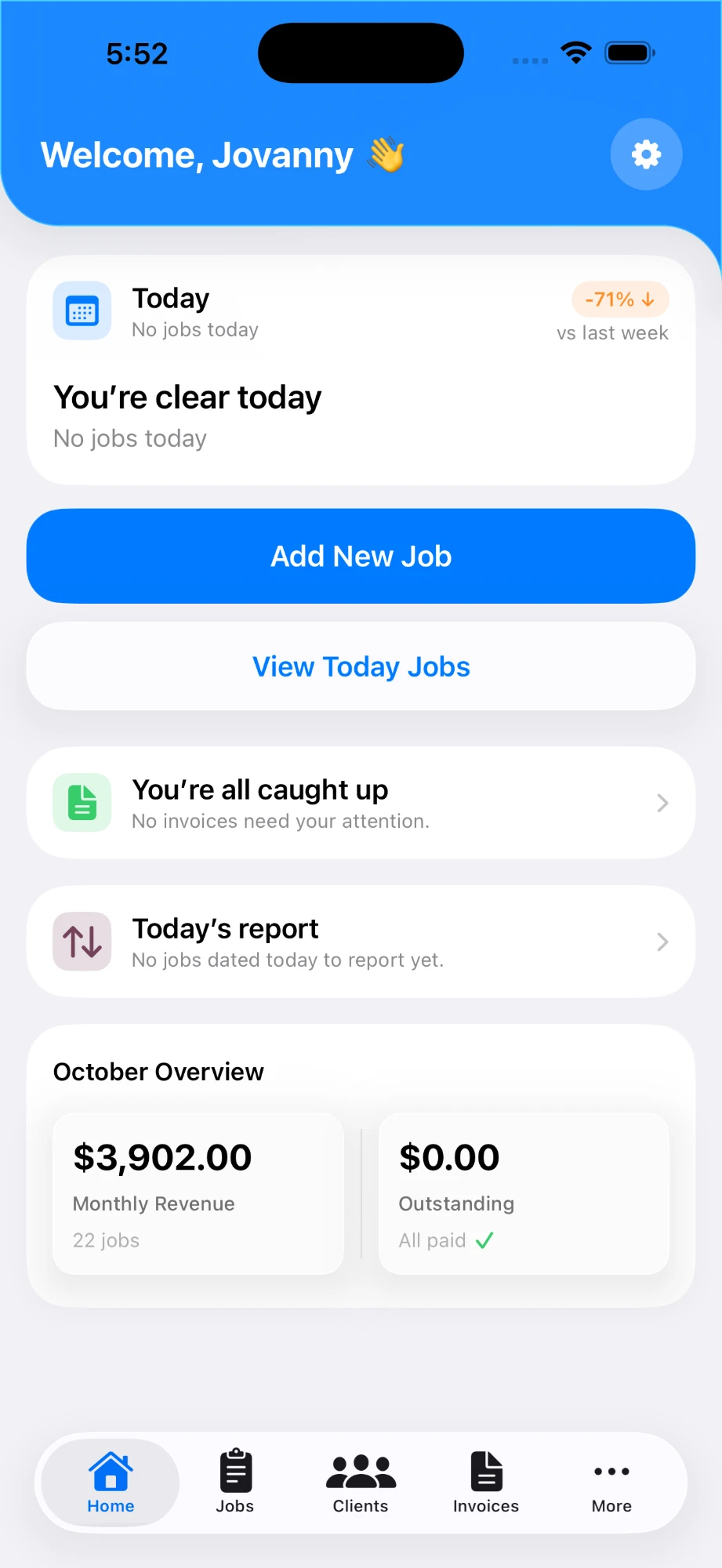 ECPro Home screen: today's jobs, Add New Job, invoices, today's report and the monthly overview