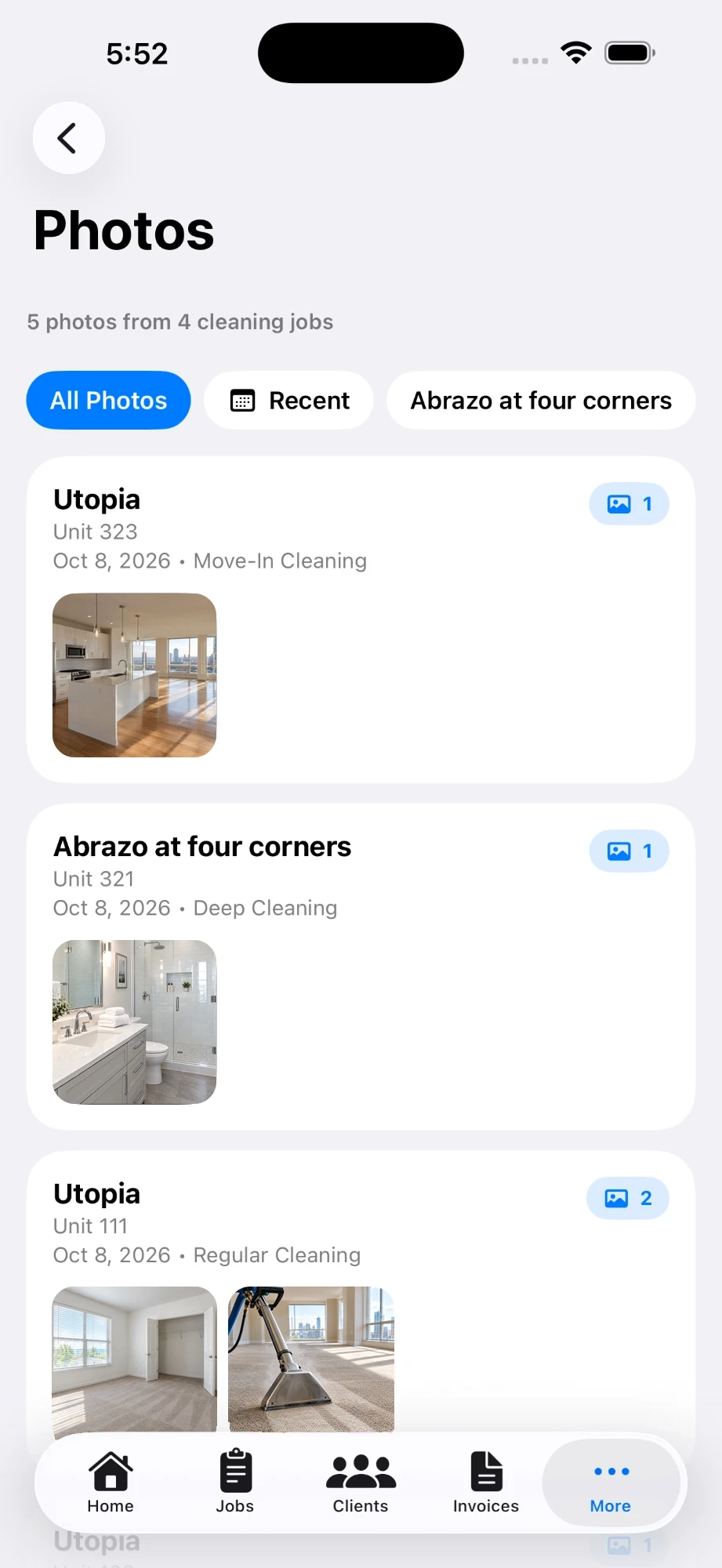 ECPro Photos screen: cleaning photos grouped by property, unit and service