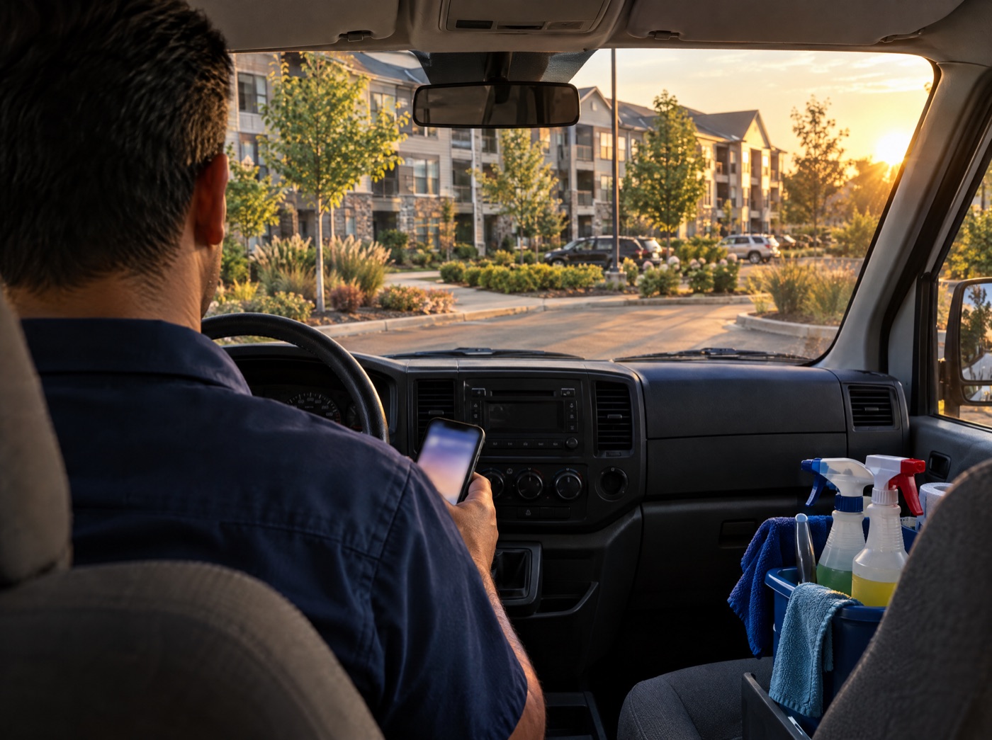 A cleaner in the driver's seat of a work van, phone in hand, parked outside an apartment community at sunset